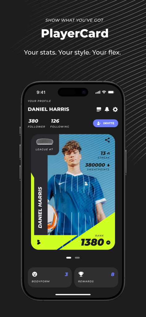 Digital soccer playercard in the B42 app showing player stats and performance rankings