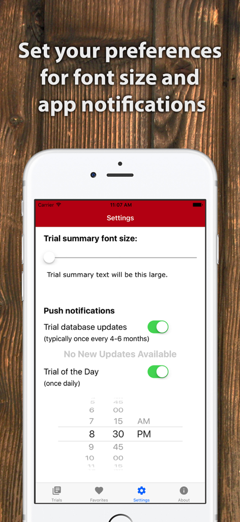 ICU Trials by ClinCalc - Einstellungen-Bildschirm der ICU Trials App mit Anpassung der Schriftgröße und Push-Benachrichtigungseinstellungen für Datenbank-Updates und die Studie des Tages