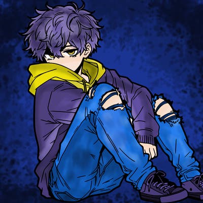 a male hoddie ripped jeans messy hair anime