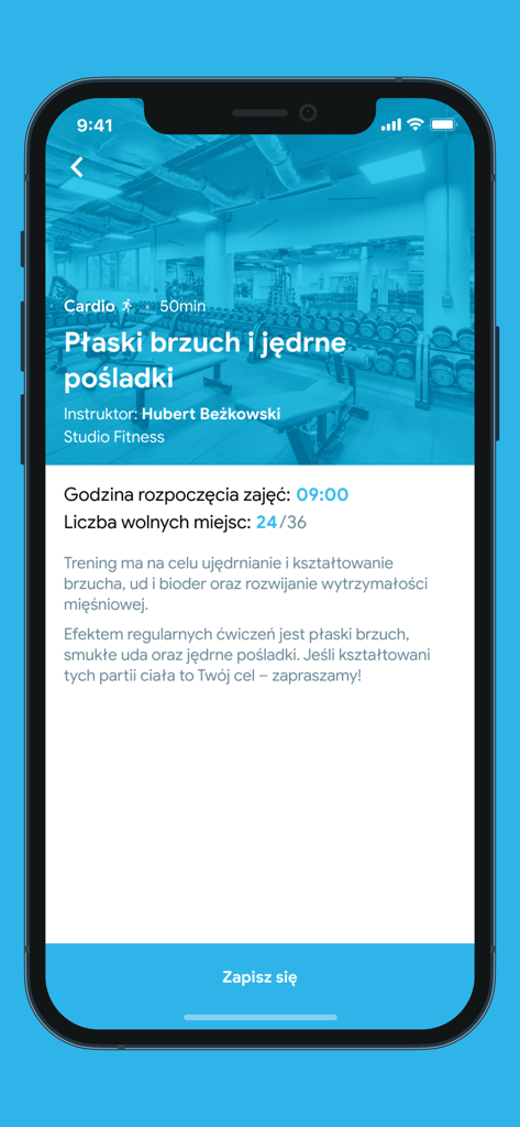 Benutzeroberfläche der CityFit-App, die Details zu Fitnesskursen und eine Anmeldeschaltfläche anzeigt