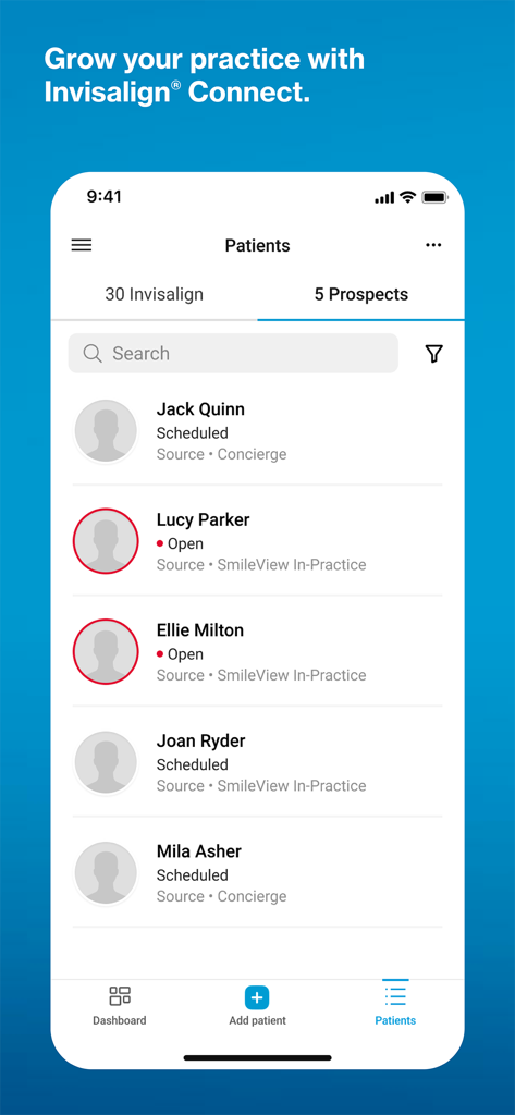 Invisalign Practice App - Pantalla móvil de la App de Práctica Invisalign que muestra una lista de pacientes potenciales y el estado de sus citas.