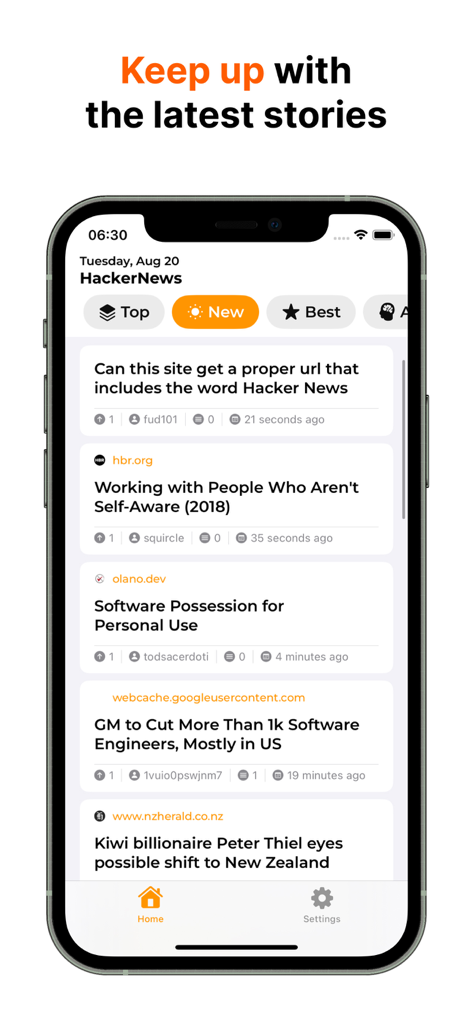 Hacker News app interface on an iPhone displaying the latest news stories feed