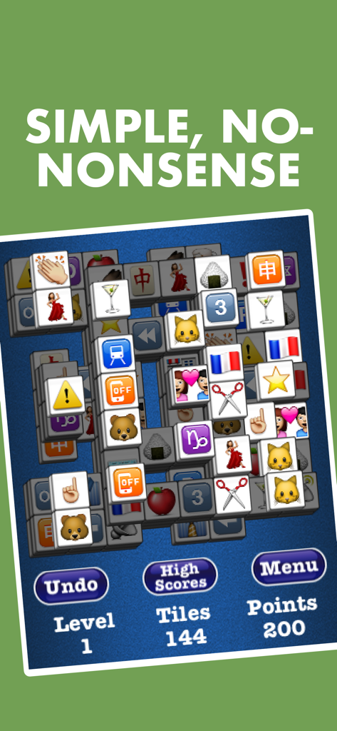 Pantalla de juego de Mahjong Jewels Solitaire con fichas de emoji y una interfaz simple.