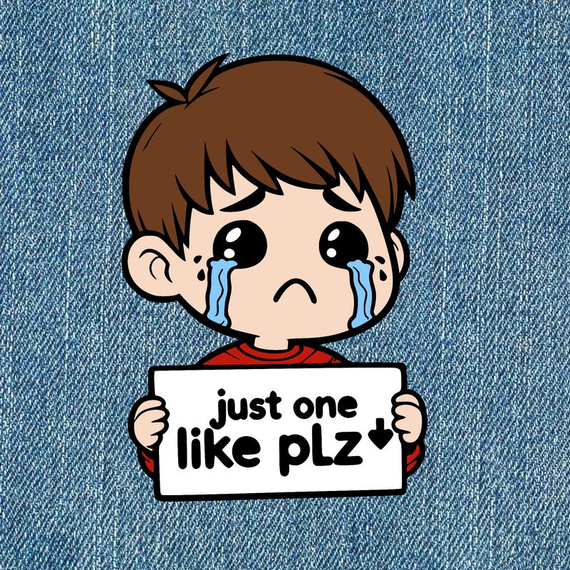 realistic crying boy with a sign saying just one like plz