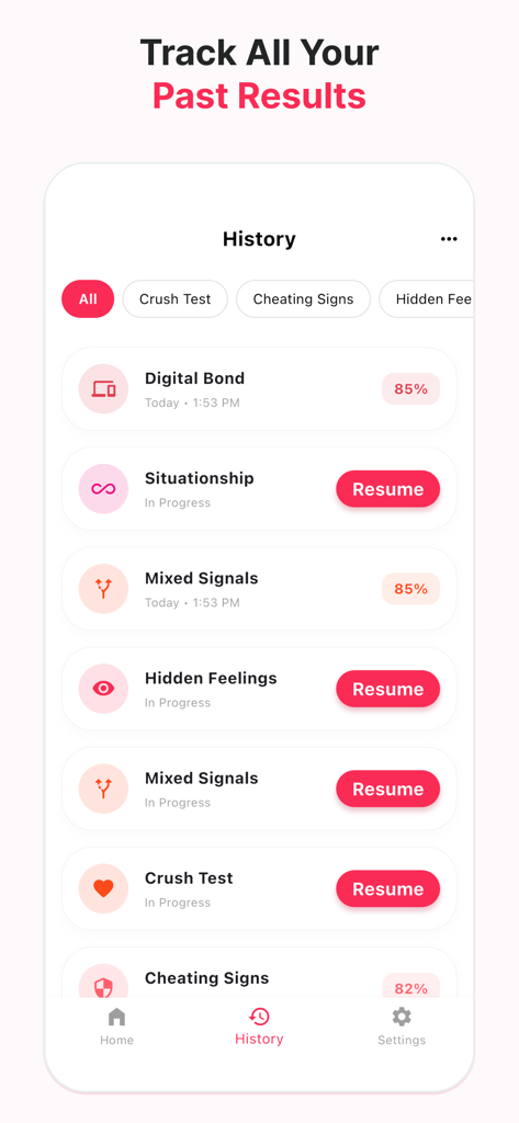 Love Test: Do they like me? - History tab of the Love Test app showing various quiz results like Digital Bond and Mixed Signals with compatibility scores