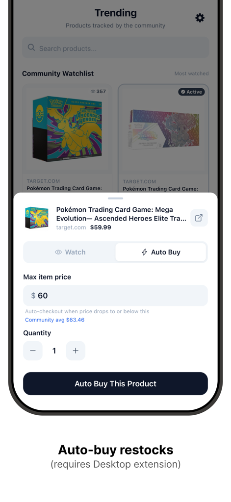 Guppy: Collector Copilot - Guppy app interface showing auto-buy mission settings for a Pokemon product