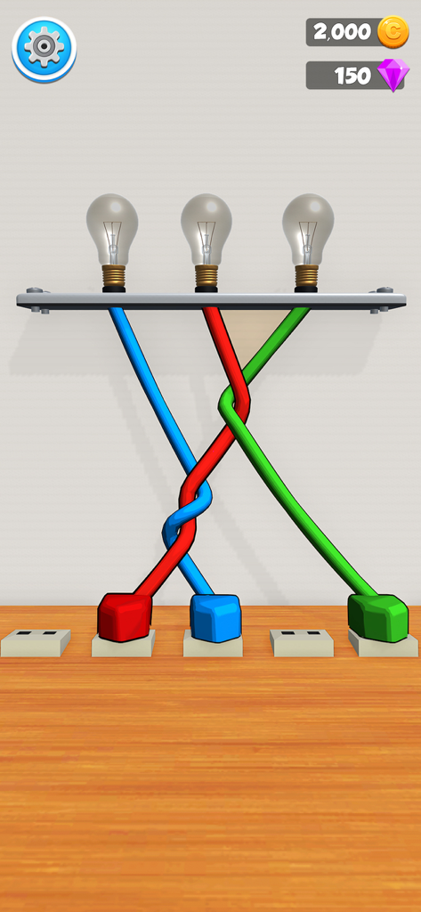 Untie Tangled Wires Puzzle - Puzzle game screen showing tangled red blue and green wires connected to light bulbs and plugs