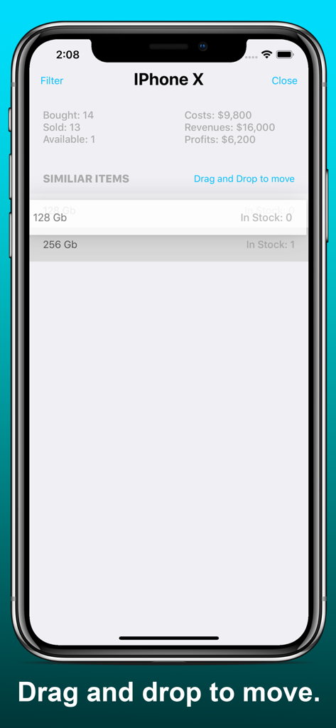 Inventory Now: product tracker - Interface do aplicativo Inventory Now mostrando vendas de produtos, custos e resumo de lucros