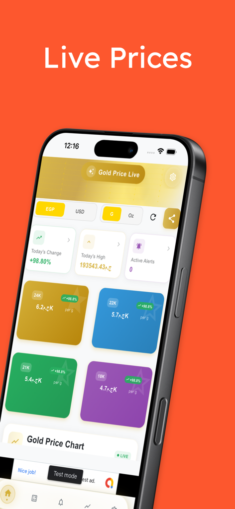 Gold Price Tracker & Alerts - Pantalla del iPhone que muestra precios de oro en vivo para diferentes niveles de quilates en la aplicación Rastreador de precios de oro