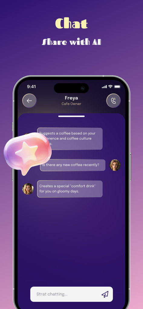 Soll - Live Chat, Fun Call - Soll app screenshot showing a text conversation with an AI character named Freya.