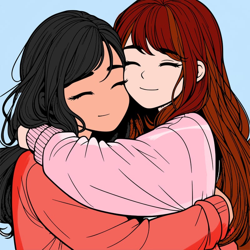 realistic two girls hugging