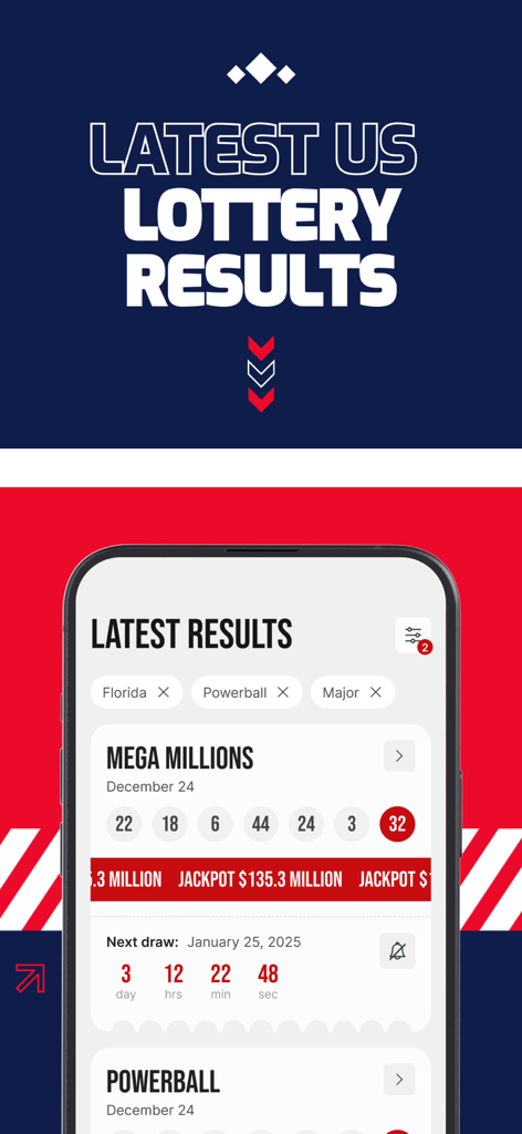 USA Lottery Ticket: Lotto App - Smartphone screen displaying latest US lottery results for Mega Millions and Powerball