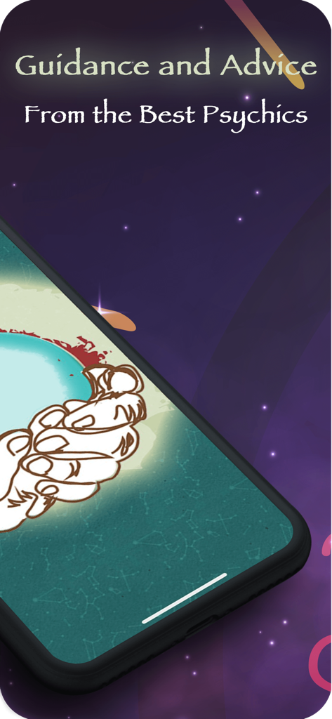 Basirly - Coffee Tarot reading - Basirly app screen featuring psychic guidance and advice with a mystical starry background and hand holding a glowing orb