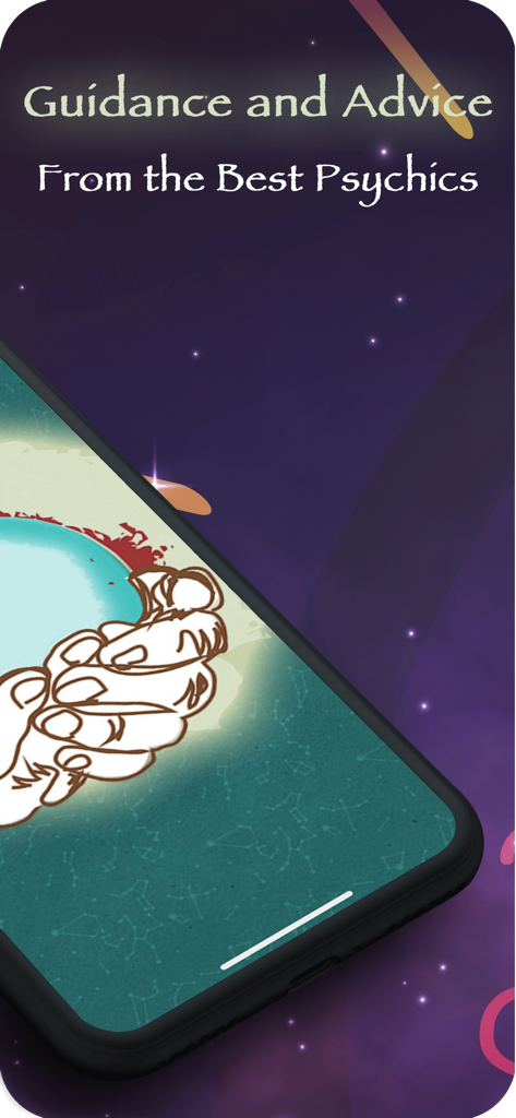 神秘的な星空の背景と光るオーブを持つ手が特徴的な、霊的なガイダンスとアドバイスを表示するBasirlyアプリの画面