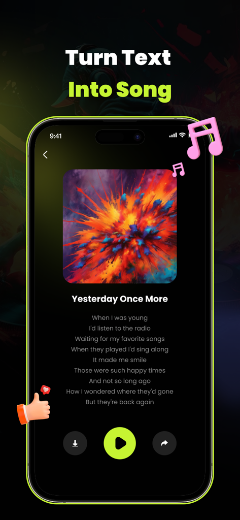 Seed: AI Music Generator - 生成された曲の歌詞と再生コントロールを表示するSeed AI Music Generatorアプリのインターフェイス