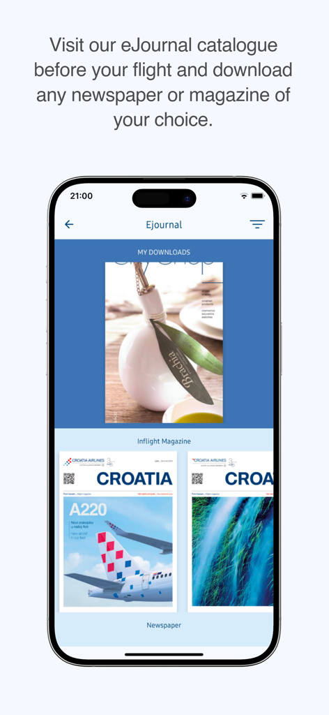 Croatia Airlines - Interface of Croatia Airlines mobile app showing the eJournal catalogue for downloading magazines and newspapers.