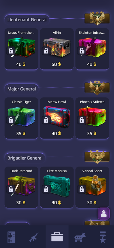 Captura de pantalla de cajas de skins de armas clasificadas por rangos militares en Case Royale