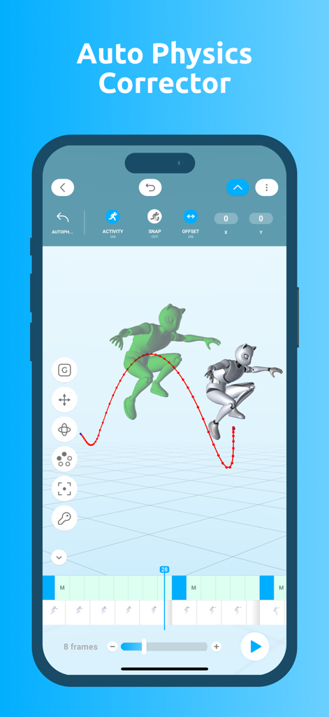Cascadeur: 3D animation - Interface of Cascadeur mobile app showing the Auto Physics Corrector feature for 3D character animation
