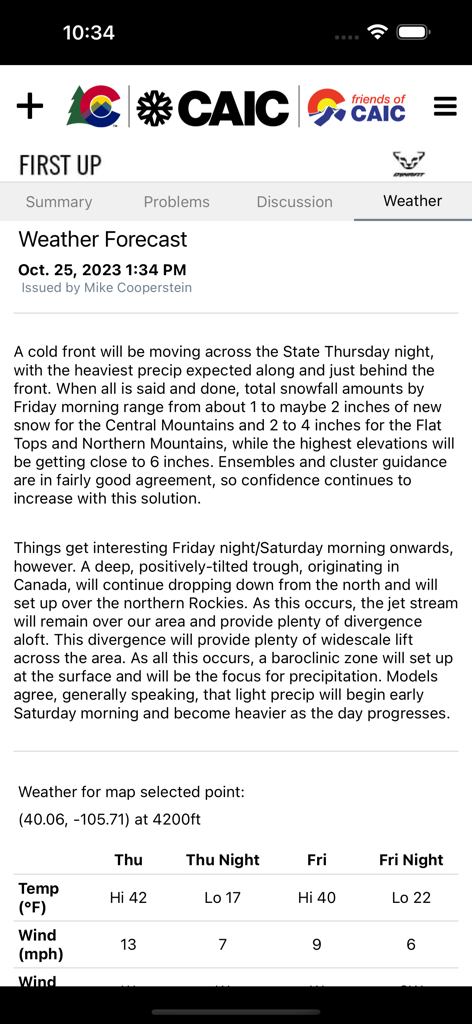 Screenshot of the CAIC app showing a detailed mountain weather forecast and temperature table