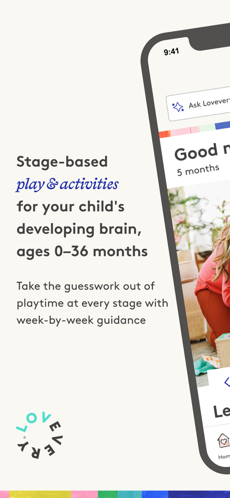 Lovevery app interface featuring stage-based play and activities for children ages 0 to 36 months