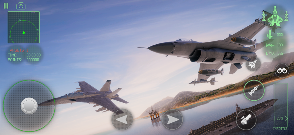 Fighter Jet Combat : Warzone - Two fighter jets flying over an aircraft carrier in a combat simulation