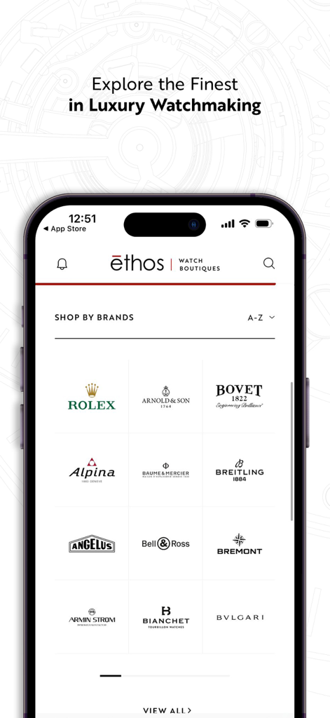 Ethos Watches - A grid of luxury watch brand logos including Rolex Breitling and Bovet in the Ethos Watches mobile app