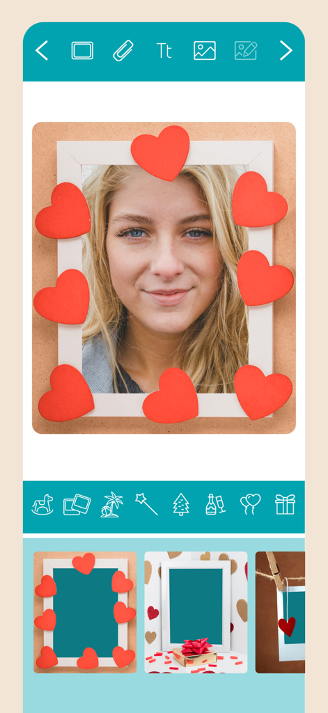 Photo frames collection app - A mobile app screen showing a woman's portrait inside a white frame with red hearts and theme selection icons.