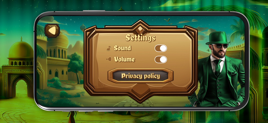 Geen Sultan: Wild Desert - The settings screen of Geen Sultan Wild Desert featuring sound and volume toggles and a privacy policy button over a desert city background