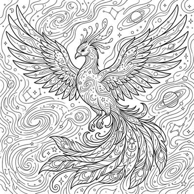 Discover a universe of creativity with our Celestial Phoenix coloring page. This intricate design invites you to bring a majestic cosmic bird to life amidst stars and galaxies.