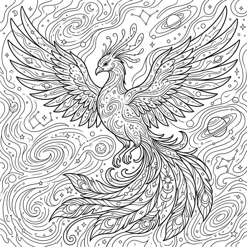 Discover a universe of creativity with our Celestial Phoenix coloring page. This intricate design invites you to bring a majestic cosmic bird to life amidst stars and galaxies.