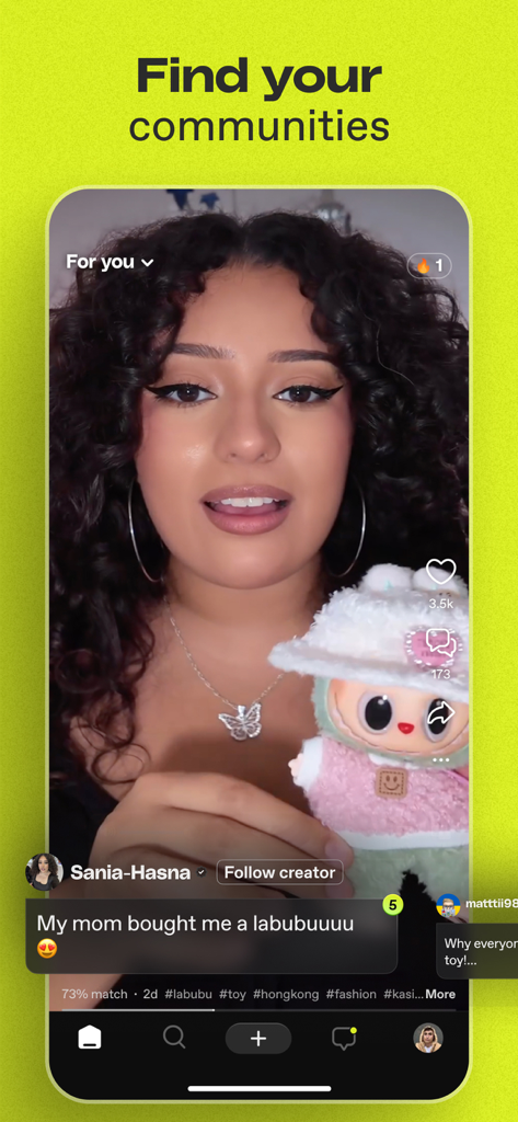 Dailymotion app screenshot featuring a social video with chat interactions and the headline Find your communities