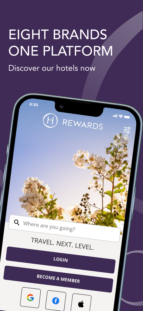 H Rewards: Book a hotel stay - Interface de l'application H Rewards montrant les marques d'hôtels et les options de connexion