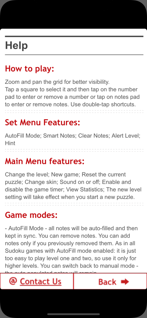 Menú de ayuda de la aplicación Sudoku 16x16 que muestra instrucciones y características del juego