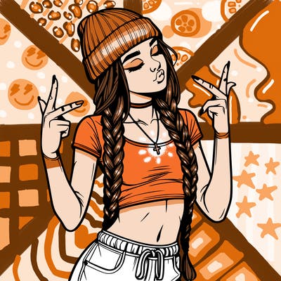 realistic teenage girl with braids and a beanie and crop top doing 🫶🏼