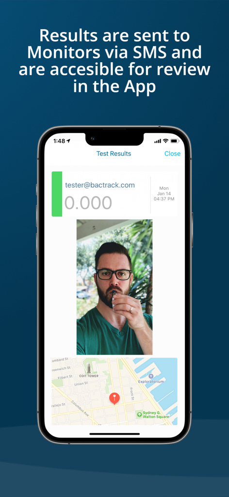 BACtrack View app screen showing a breathalyzer test result with video verification and GPS location map