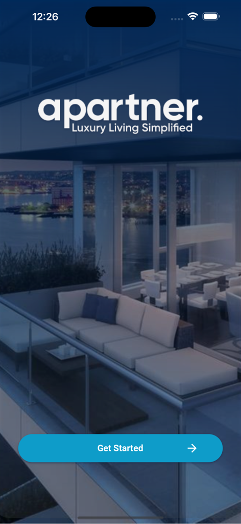 Apartner app splash screen featuring a luxury apartment balcony and a Get Started button.