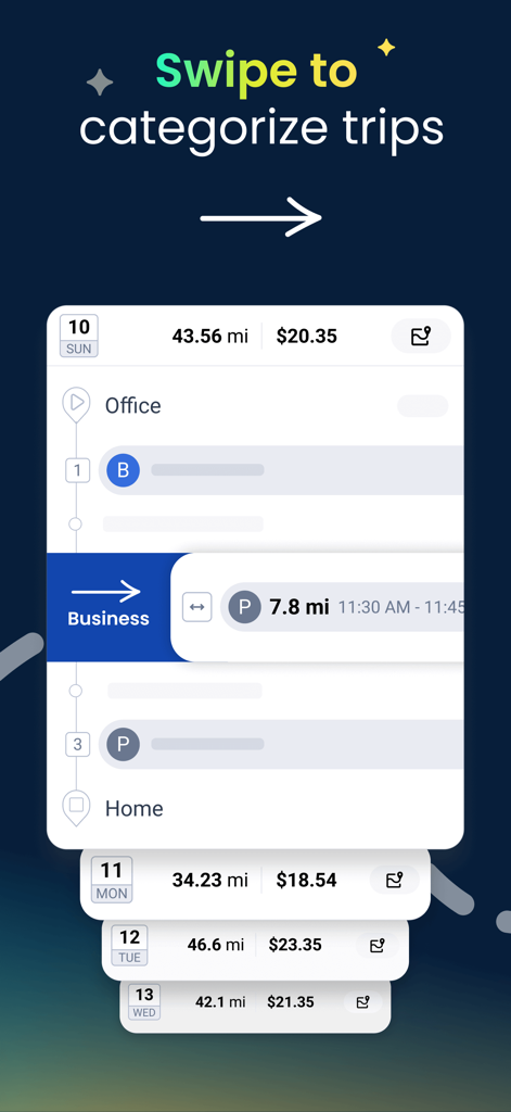 Écran d'application mobile montrant un utilisateur faisant glisser son doigt pour catégoriser un trajet en tant que professionnel