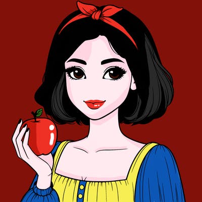 a woman with medium short hair, wearing a headband with a small bow, carrying an apple in her hand, realistic