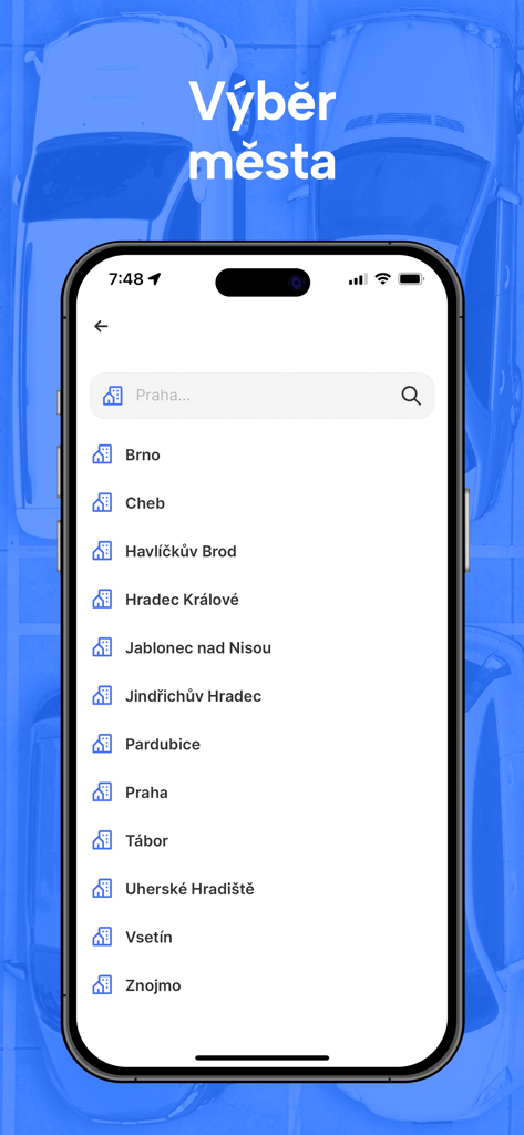 ParkSimply - ParkSimply mobile app screen displaying a list of Czech cities for parking selection