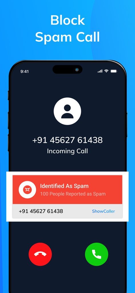Smartphone screen displaying an incoming call identified as spam with a warning banner.