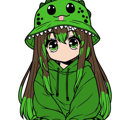 girl with anime shaped eyes with a dinosaur bucket hat oversized sweatshirt long straight hair