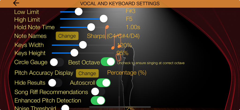 Vocal and keyboard settings screen in the Voice Training app showing customization options for pitch detection and vocal limits.