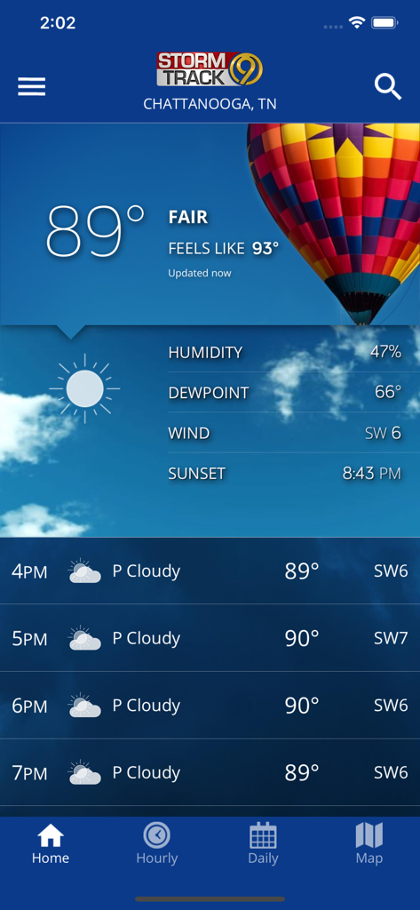 WTVC Storm Track 9 - WTVC Storm Track 9 mobile app interface showing current weather and hourly forecast for Chattanooga Tennessee
