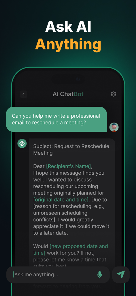 Capture d'écran d'une application mobile montrant un assistant IA rédigeant un e-mail professionnel pour reporter une réunion.