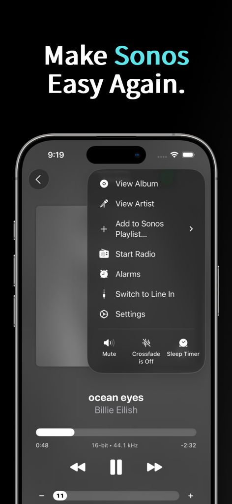 Clic for Sonos - Clic for Sonos App-Oberfläche auf dem iPhone, die Musiksteuerung und ein Schnellauswahlmenü anzeigt