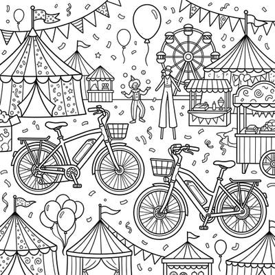Zoom into a world of vibrant excitement with this unique coloring page, blending the thrill of electric bikes with the festive atmosphere of a carnival. Discover detailed circus tents, classic fairground attractions, and playful characters awaiting your creative splash of color.
