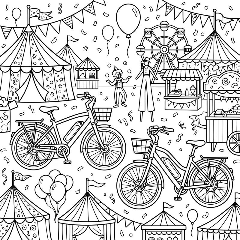 Zoom into a world of vibrant excitement with this unique coloring page, blending the thrill of electric bikes with the festive atmosphere of a carnival. Discover detailed circus tents, classic fairground attractions, and playful characters awaiting your creative splash of color.
