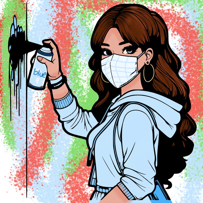 realistic girl with mask spray painting a wall