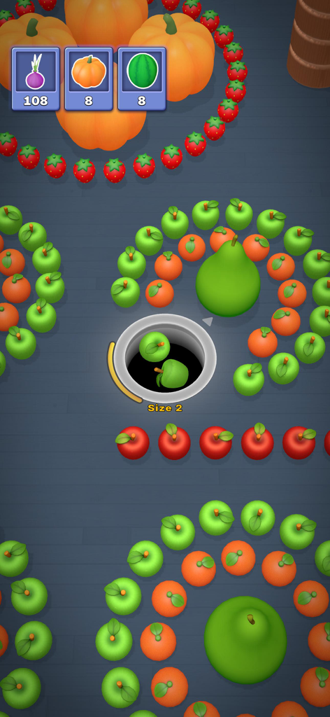 Hole It 3D - A black hole swallowing green apples in the mobile game Hole It 3D with a mission UI showing fruit collection targets.