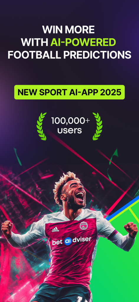 Football Predictions: AIdviser - AIdviser app promotional screen featuring AI powered football predictions and a celebrating player